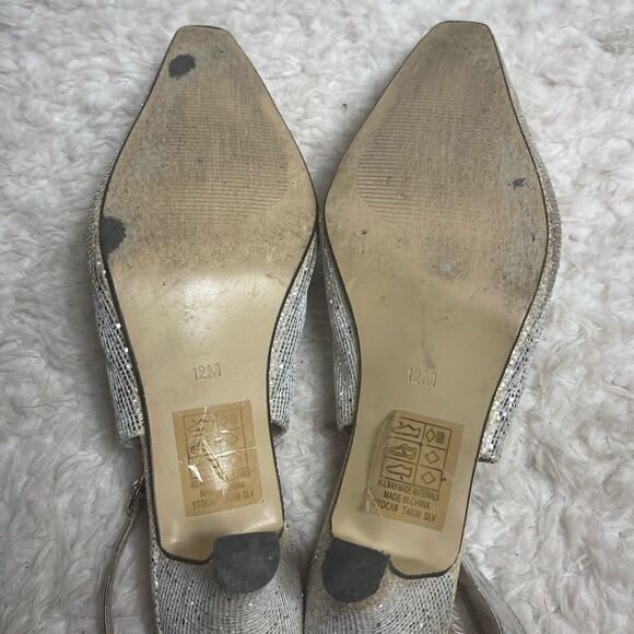 EY Boutique silver glitter &patent silver trim 3”heels satin gray bow accentSZ12 - Picture 13 of 13